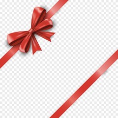 Realistic red silk gift bow with diagonally shiny stripes ribbon on the corner isolated on transparent background. Valentine or christmas celebration bow. Satin decoration gift promotion or - obrazy, fototapety, plakaty