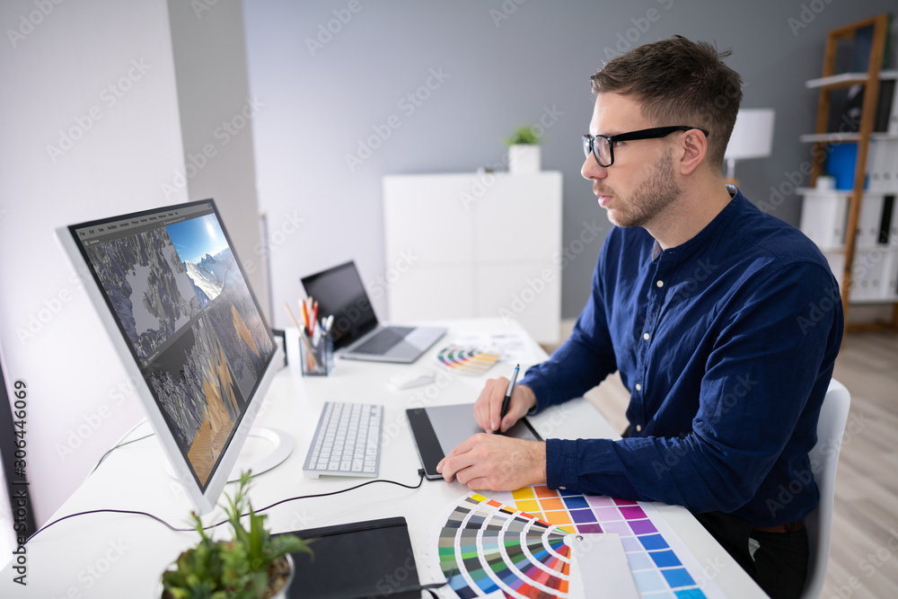 Poster Man Rendering 3D Landscape On Computer
