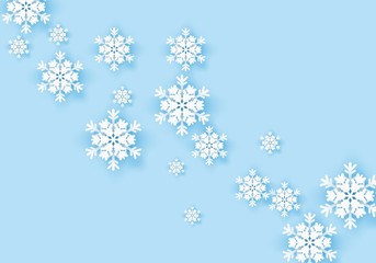 Fototapeta na wymiar Winter origami snowflake greeting banner with blue background. White snow invitation design card. Wintertime paper poster template for christmas holiday. Snow flakes frame pattern for text. Vector