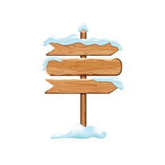 Cartoon wooden signs with iced snow. Winter holiday billboard frame isolated on white background. Christmas directional signboard plank banner element. Vector wooden pointing guidepost illustration