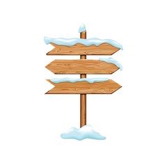 Cartoon wooden signs with iced snow. Winter holiday billboard frame isolated on white background. Christmas directional signboard plank banner element. Vector wooden pointing guidepost illustration
