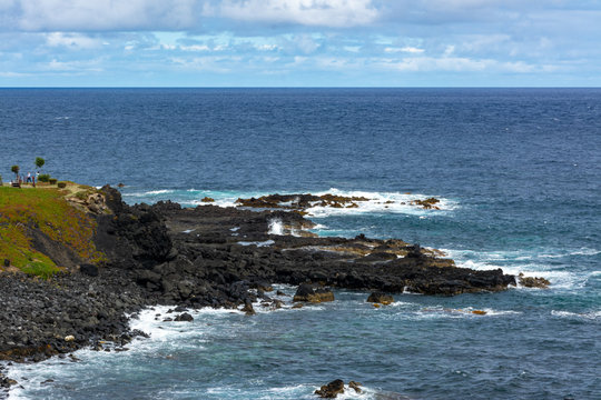 Attlantic ocean waves on the west coastline of Mosteiros Azores Portugal