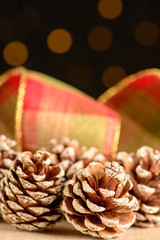 pine cones with decorative ribbon and dark background with small light