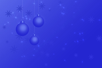 Christmas background and greeting card with blue balls, stars and snowflakes. Christmas illustration with copy space.