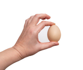 Fototapeta na wymiar Hand Holding Raw Chicken Egg Isolated on White Background