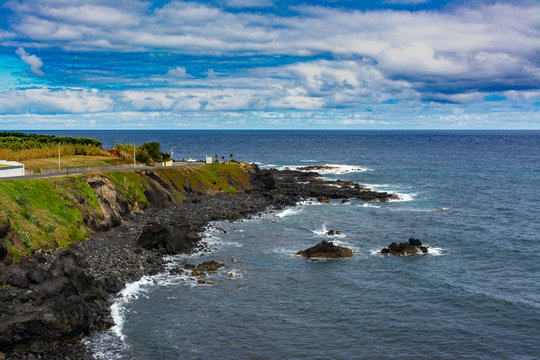 Attlantic ocean waves on the west coastline of Mosteiros Azores Portugal