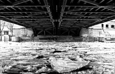 Frozen Chicago River during Winter Storm