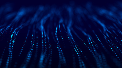 Wave of musical sounds. Abstract background with interweaving of dots and lines. 3D rendering.