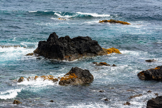 Attlantic ocean waves on the west coastline of Mosteiros Azores Portugal