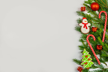 Christmas card, Christmas greetings, background with Christmas tree balls and gingerbread