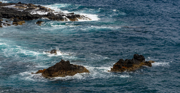 Attlantic ocean waves on the west coastline of Mosteiros Azores Portugal