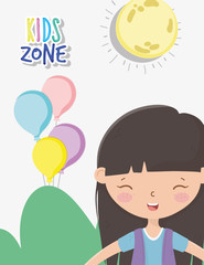 kids zone, cute little girl with balloons party sun