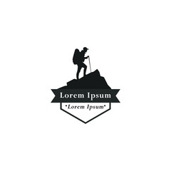 Tourist climbs the mountain symbol, travel and expedition logo, Hiking Logo Template