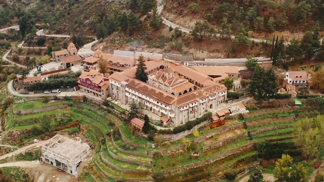 Machairas Monastery in Cyprus aerial view from drone, beautiful ancient monastery in mountains