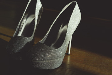 silver sparkling high heel shoes. Sinderella wedding shoes. bride morning of wedding. Provocative silver high heel stiletto pumps.	