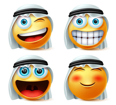 Arab emoticon or emojis vector set. Saudi arab emoticon face head with naughty and excited wearing traditional thwab isolated in white background. Vector illustration.