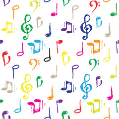 Vector illustrated color ink music notes and keys pattern