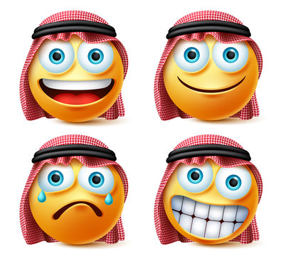 Saudi arab emoticon and emoji vector set. Saudi arabian emoticons face in crying, smiling and happy emotion wearing thawb isolated in white background. Vector illustration. 