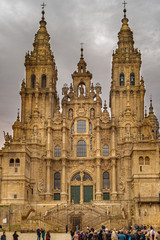 Fototapeta na wymiar SANTIAGO DE COMPOSTELA, SPAIN - CIRCA FEBRUARY 2019: Santiago de Compostela Cathedral view from Obradoiro square. Cathedral of Saint James, Spain. Galicia, pilgrimage.