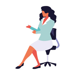 businesswoman sitting in office chair on white background