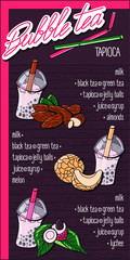 Vector illustration. Menu milk bubble tea with tapioca on a wooden background. Lettering logo with handwritten menu. almonds, melon, lychee