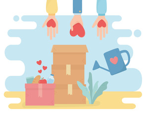 volunteering, help charity hands with heart boxes food care plant