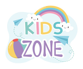 kids zone, rubber ball paper planes and rainbow cartoon