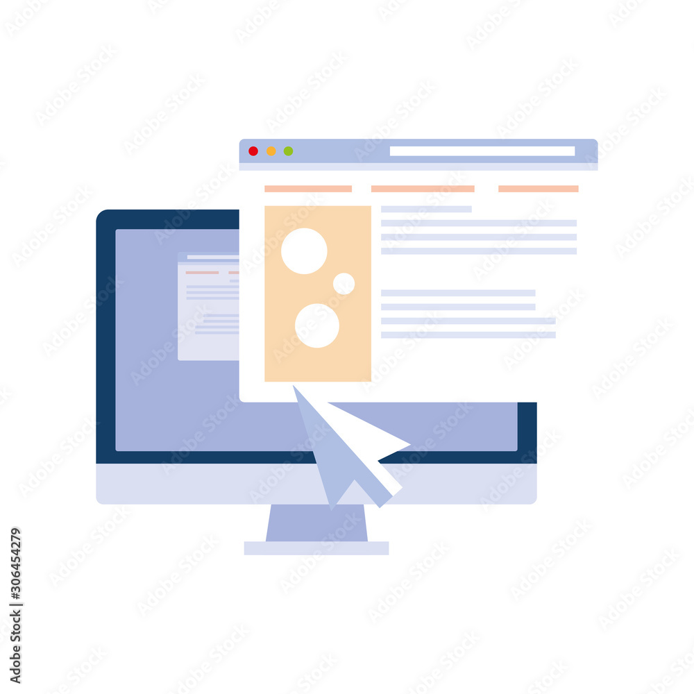 Poster social network profile with desktop computer screen on white background