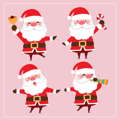 Cute Kawaii Hand Drawn Santa Claus With Smiling And Funny Face In Different Poses And Activities On Pink Background. Collection. Set. Vector. Emoji. Sticker. Emoticon. Cartoon. Character. Illustration