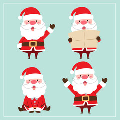 Cute Kawaii Hand Drawn Santa Claus With Smiling And Funny Face In Different Poses And Activities On Green Background. Collection. Set. Vector. Emoji. Sticker. Emoticon. Cartoon. Illustration