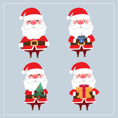 Cute Kawaii Hand Drawn Santa Claus With Smiling And Funny Face In Different Poses And Activities On Blue Background. Collection. Set. Vector. Emoji. Sticker. Emoticon. Cartoon. Illustration. Ornaments