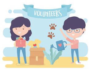 Obraz premium volunteering, help charity young woman and man ecological lifestyle donation clothes and food