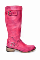Female pink leather boot on white background, isolated product, top view.