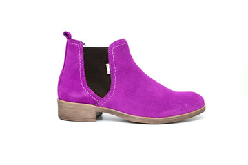 Female purple leather boot on white background, isolated product, top view.