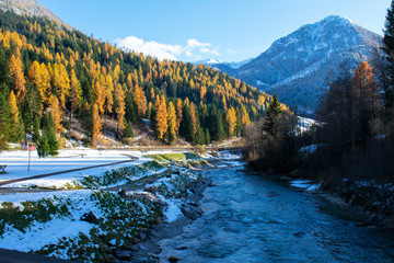 Fototapeta na wymiar Italy, Trentino, Val di Fassa - 10 november 2019 - The Fassa valley in the autumn is beautiful