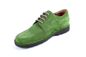 Male green leather shoe on white background, isolated product, top view.