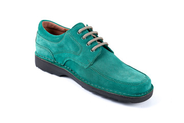 Male cyan leather shoes on white background, isolated product, top view.