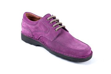 Male purple leather shoe on white background, isolated product, top view.