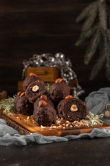 Dark chocolate truffles with hazelnuts