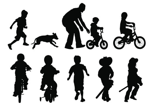 Vector silhouettes of children playing outside.