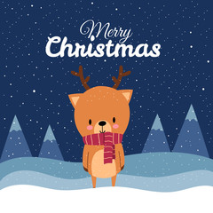 Fototapeta premium Merry Christmas with Cute Kawaii Hand Drawn Deer Wearing Red Scarf With Smiling And Funny Face. Cartoon. Vector. Character. Illustration. Flat Design. Background. Greeting. Invitation. Postcard