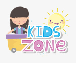 kids zone, cute little girl in wagon with cartoon sun