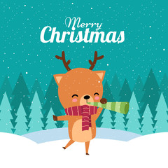Merry Christmas with Cute Kawaii Hand Drawn Deer Wearing Red Scarf With a Pipe Or Playing a Trumpet With Smiling Face. Cartoon. Vector. Illustration. Background. Greeting. Invitation. Postcard