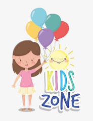 kids zone, cute little girl holding bunch balloons cartoon sun