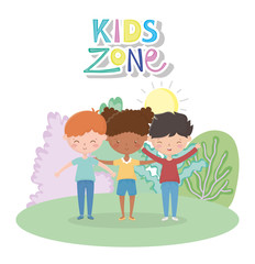 kids zone, cute girl and boys in the meadow sun cartoon