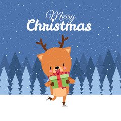 Merry Christmas with Cute Kawaii Hand Drawn Deer With Red Scarf Ice Skating And Holding Gift Box With Smiling Face. Cartoon. Vector. Illustration. Flat Design. Greeting. Invitation. Postcard