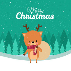 Merry Christmas with Cute Kawaii Hand Drawn Deer With Red Scarf Carrying Sack Or Bag With Smiling And Funny Face. Cartoon. Vector. Illustration. Flat Design. Background. Greeting. Invitation. Postcard