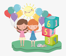 kids zone, little girls with balloons party and blocks numbers