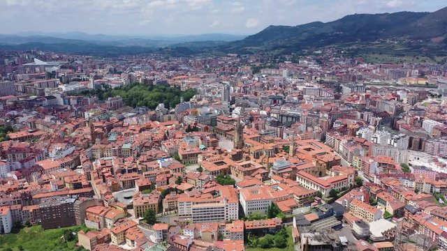 Aerial view of Oviedo city with buildings and lanscape,  Asturias, Spain 