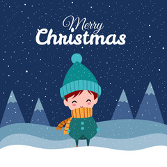 Merry Christmas with Cute Kawaii Hand Drawn Boys Or Kids Wearing Winter Costume With Smiling And Funny Face. Cartoon. Vector. Illustration. Flat Design. Background. Greeting. Invitation. Postcard